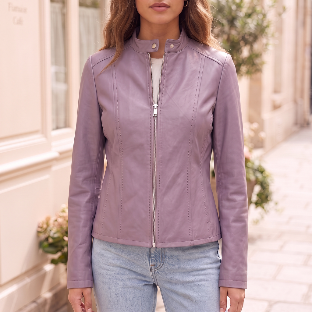 Women's Fitted Faux Leather Jacket — Light Purple — cropped on-model hero