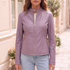 Women's Fitted Faux Leather Jacket — Light Purple — cropped on-model hero