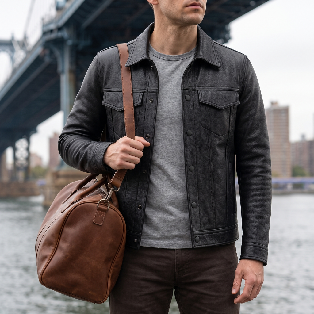 Men's black faux leather trucker jacket worn with a gray T-shirt and shoulder bag, three-quarter lifestyle view