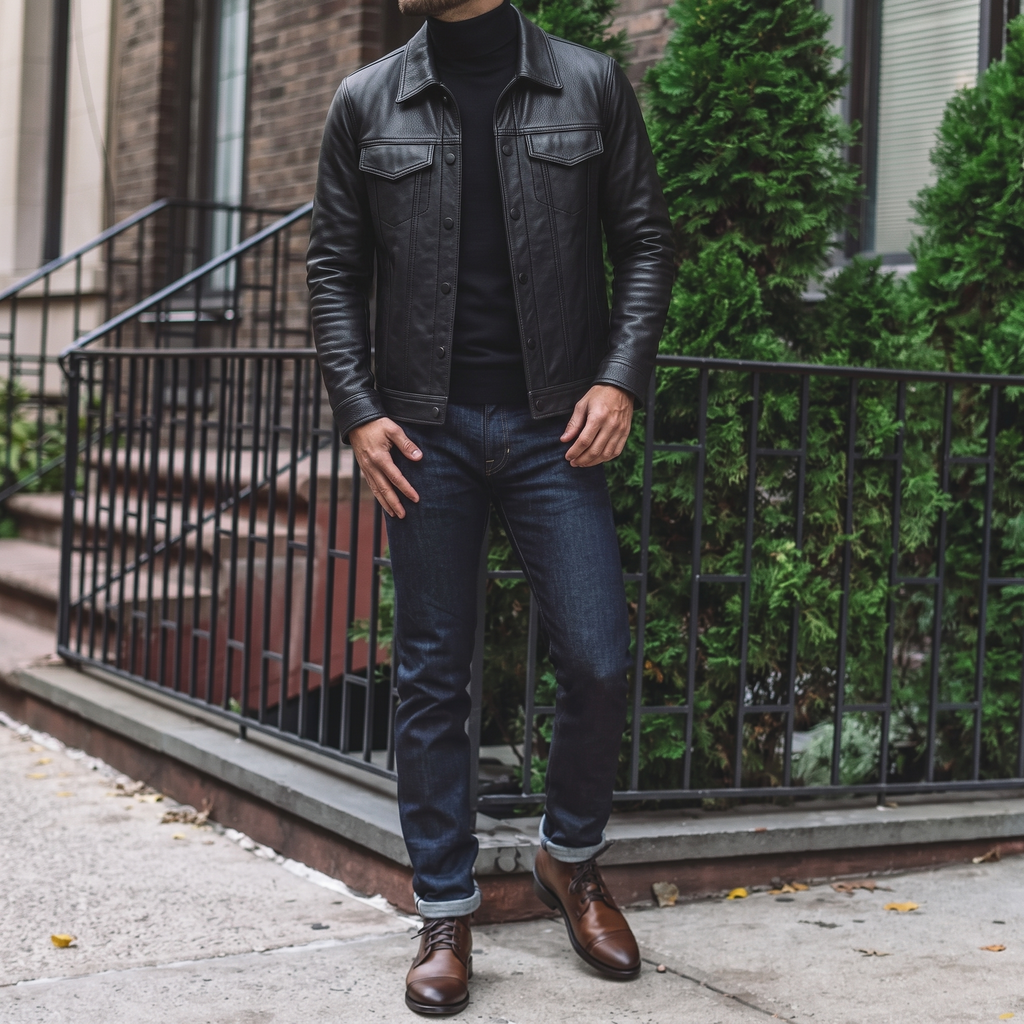 Men's Faux Leather Trucker Jacket with Flap Pockets