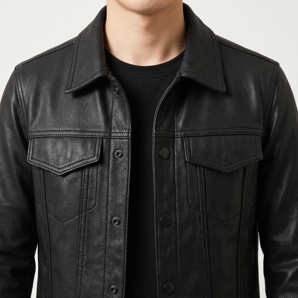 Men's Faux Leather Trucker Jacket with Flap Pockets