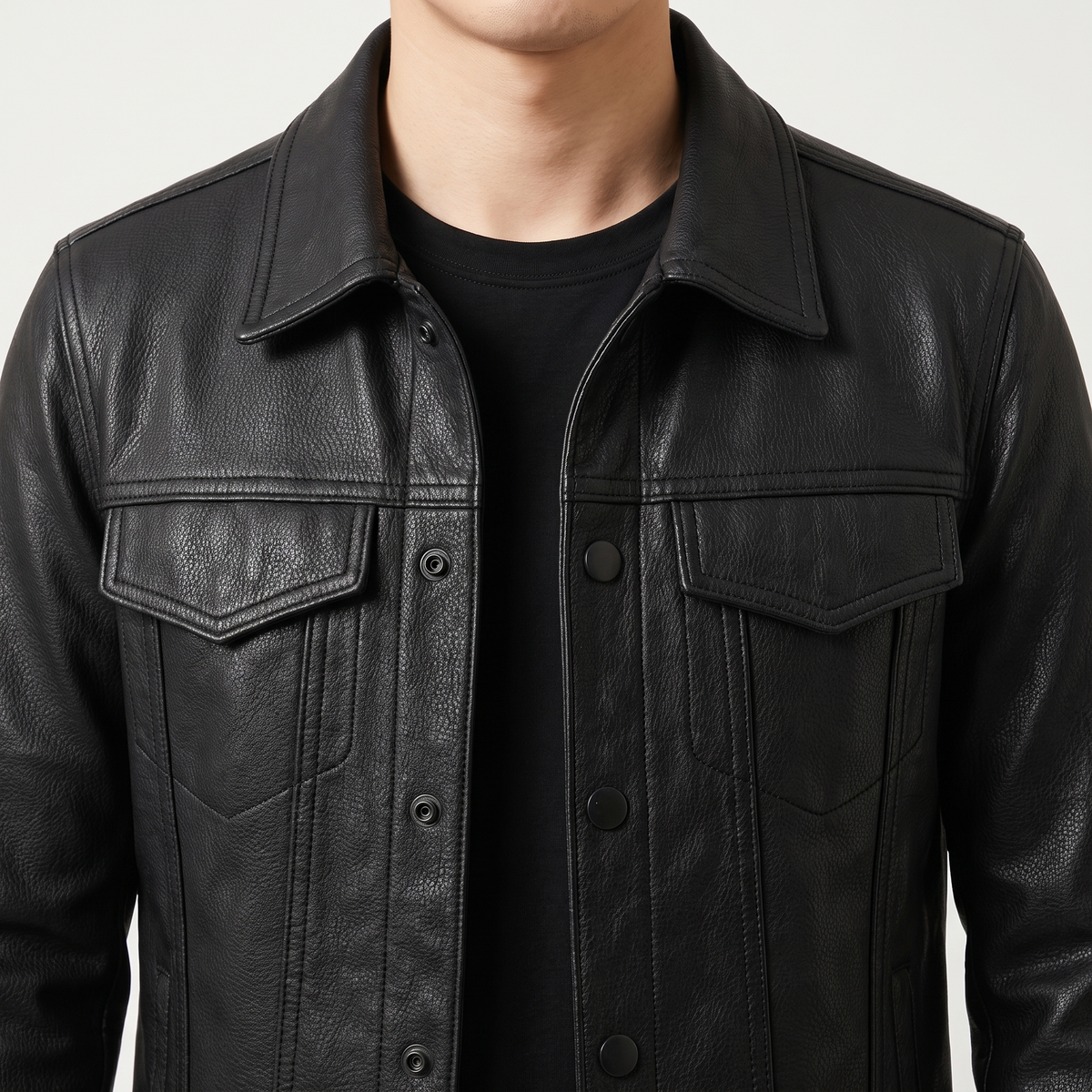 Men's Faux Leather Trucker Jacket with Flap Pockets