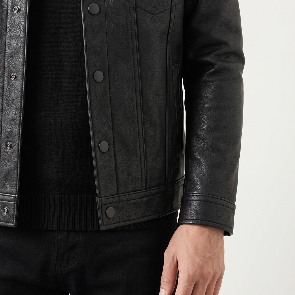 Men's Faux Leather Trucker Jacket with Flap Pockets