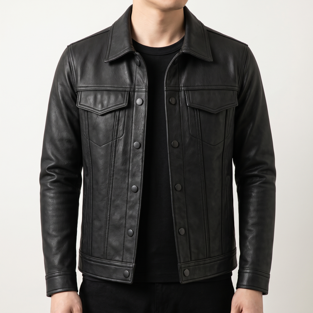 Men's Faux Leather Trucker Jacket with Flap Pockets