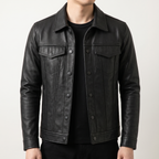 Men's Faux Leather Trucker Jacket with Flap Pockets