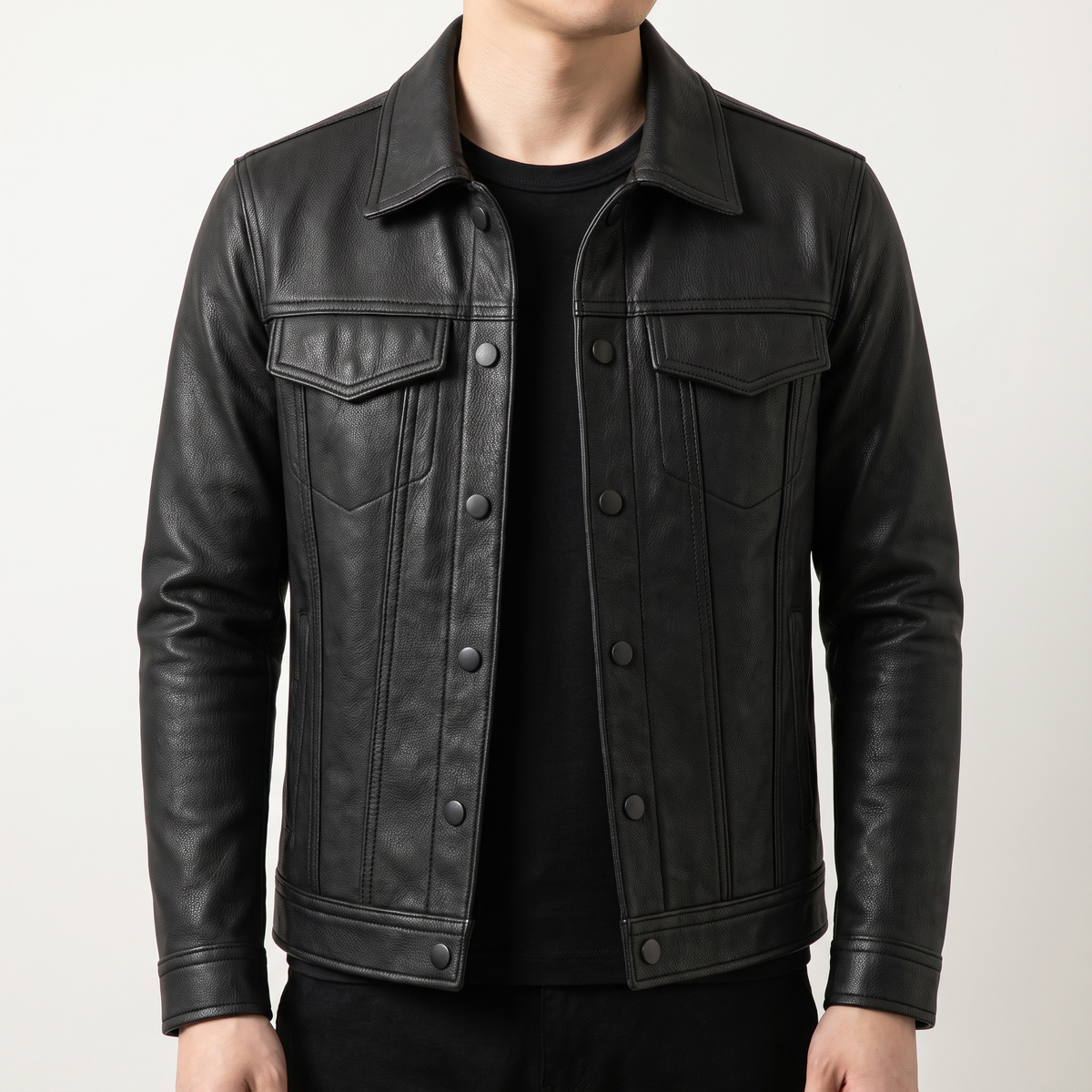 Men's Faux Leather Trucker Jacket with Flap Pockets
