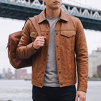 Men's Faux Leather Trucker Jacket with Flap Pockets