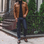 Men's Faux Leather Trucker Jacket with Flap Pockets