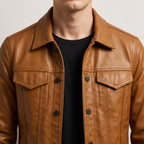 Men's Faux Leather Trucker Jacket with Flap Pockets