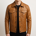 Men's Faux Leather Trucker Jacket with Flap Pockets