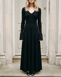 Women's V-Neck Bell-Sleeve Knit Maxi Dress in Black — front model view