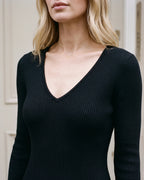Women's V-Neck Bell-Sleeve Knit Maxi Dress in Black — neckline detail