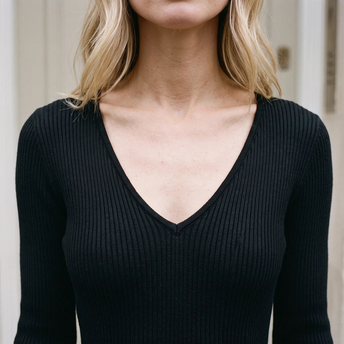 Women's V-Neck Bell-Sleeve Knit Maxi Dress in Black — product detail