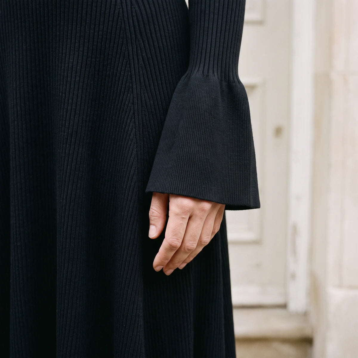 Women's V-Neck Bell-Sleeve Knit Maxi Dress in Black — product detail