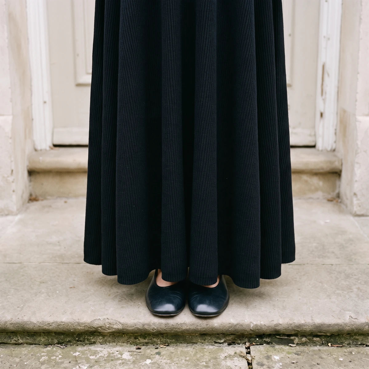 Women's V-Neck Bell-Sleeve Knit Maxi Dress in Black — product detail