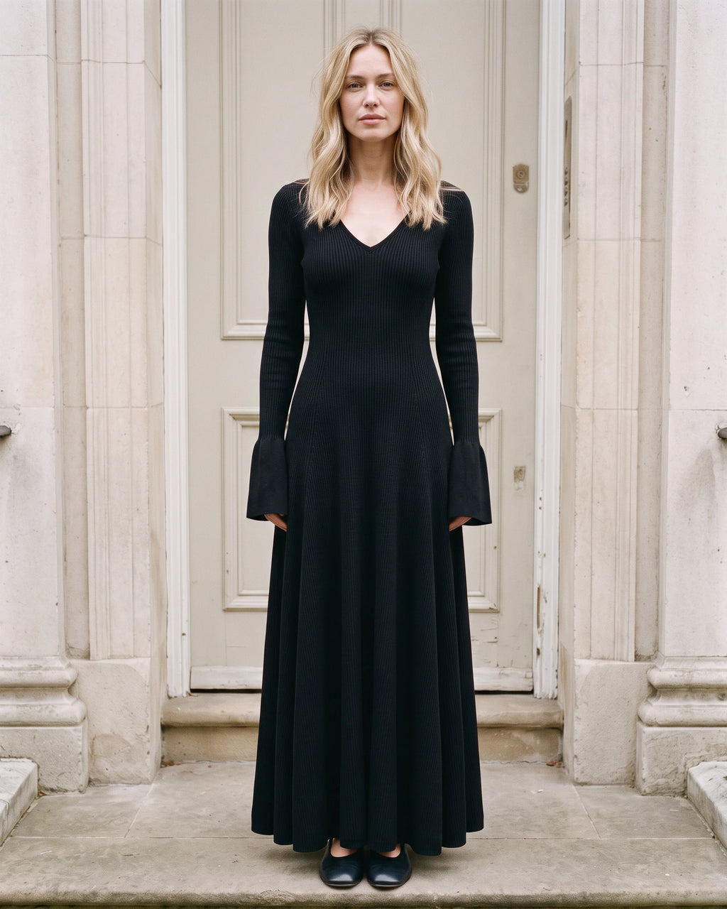 Women's V-Neck Bell-Sleeve Knit Maxi Dress in Black — full front view