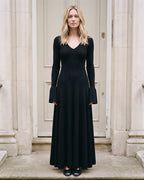 Women's V-Neck Bell-Sleeve Knit Maxi Dress in Black — full front view