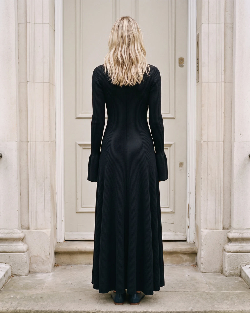 Women's V-Neck Bell-Sleeve Knit Maxi Dress in Black — full back view