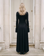 Women's V-Neck Bell-Sleeve Knit Maxi Dress in Black — full back view