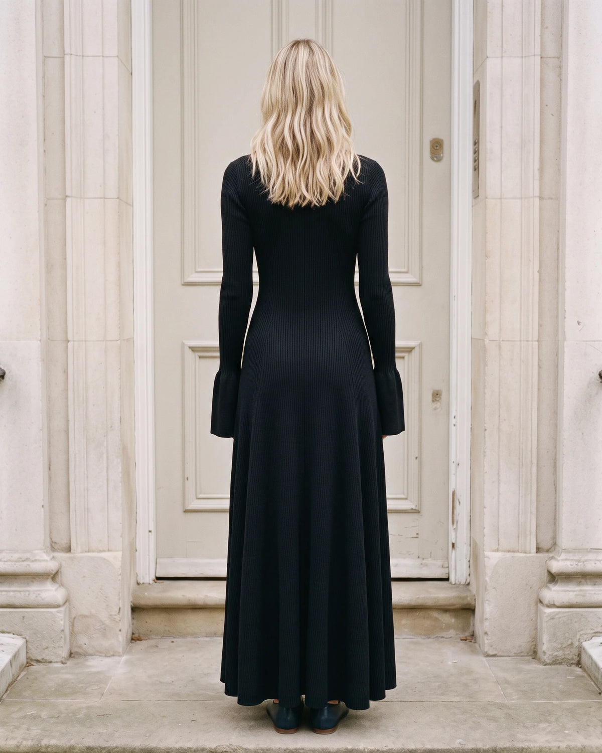 Women's V-Neck Bell-Sleeve Knit Maxi Dress in Black — full back view