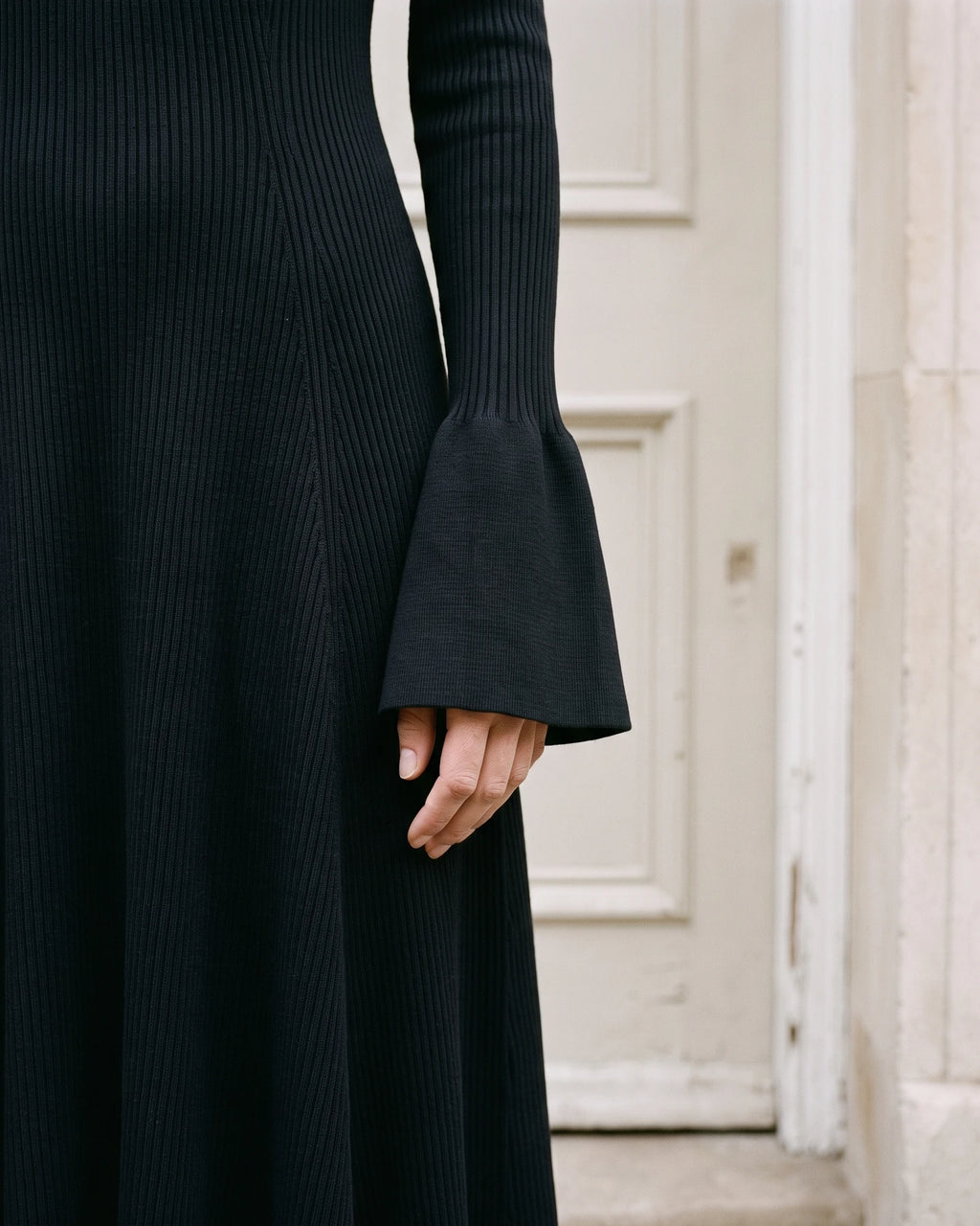 Women's V-Neck Bell-Sleeve Knit Maxi Dress in Black — bell sleeve detail