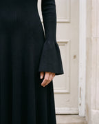 Women's V-Neck Bell-Sleeve Knit Maxi Dress in Black — bell sleeve detail