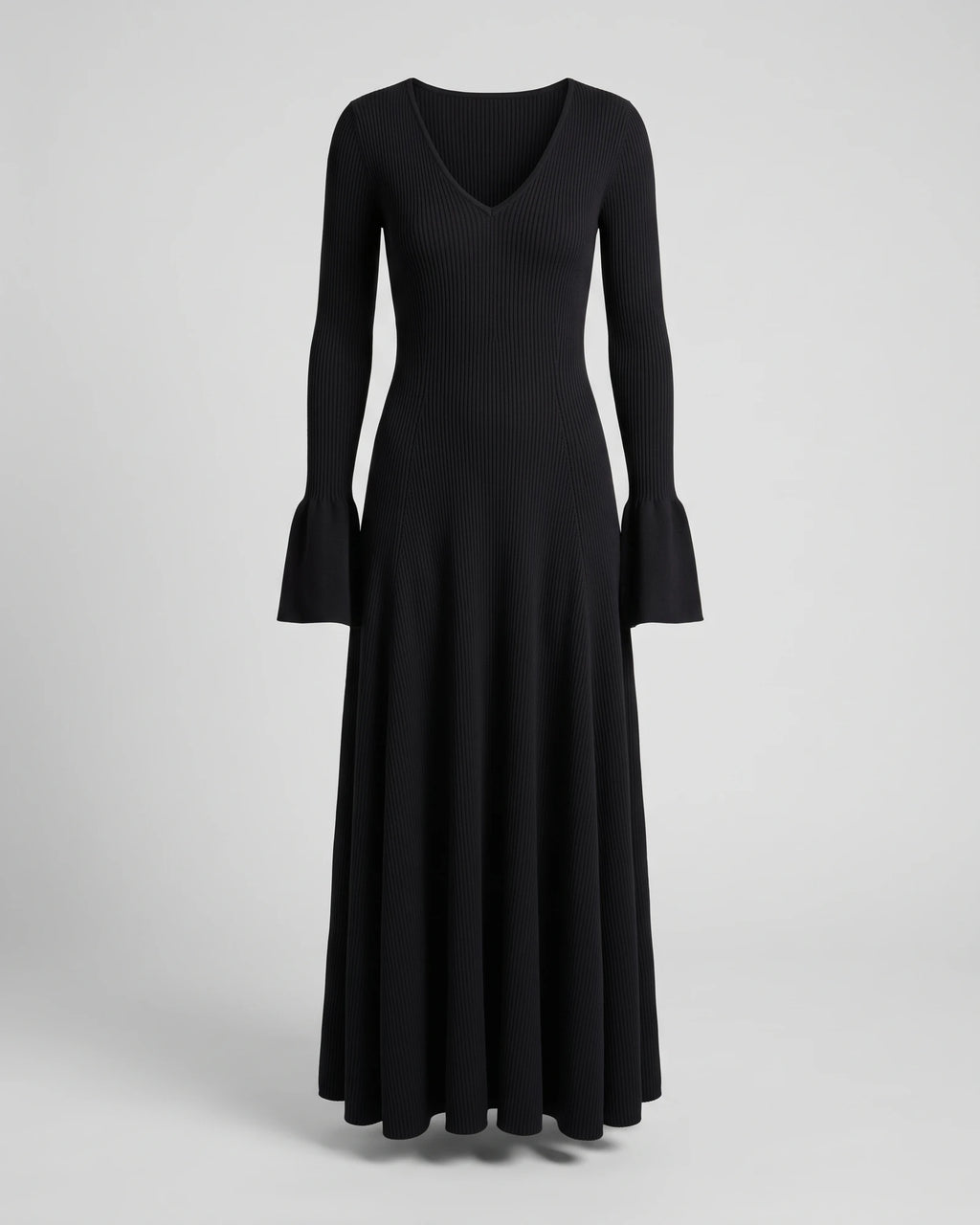 Women's V-Neck Bell-Sleeve Knit Maxi Dress in Black — product front