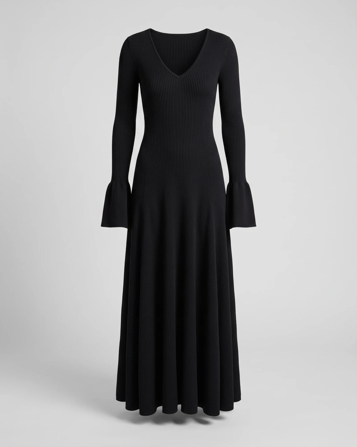 Women's V-Neck Bell-Sleeve Knit Maxi Dress in Black — product front