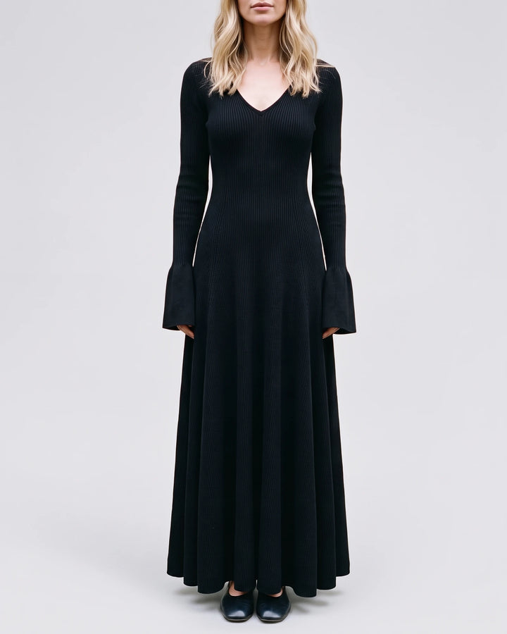 Women's V-Neck Bell-Sleeve Knit Maxi Dress in Black — gray background catalog view