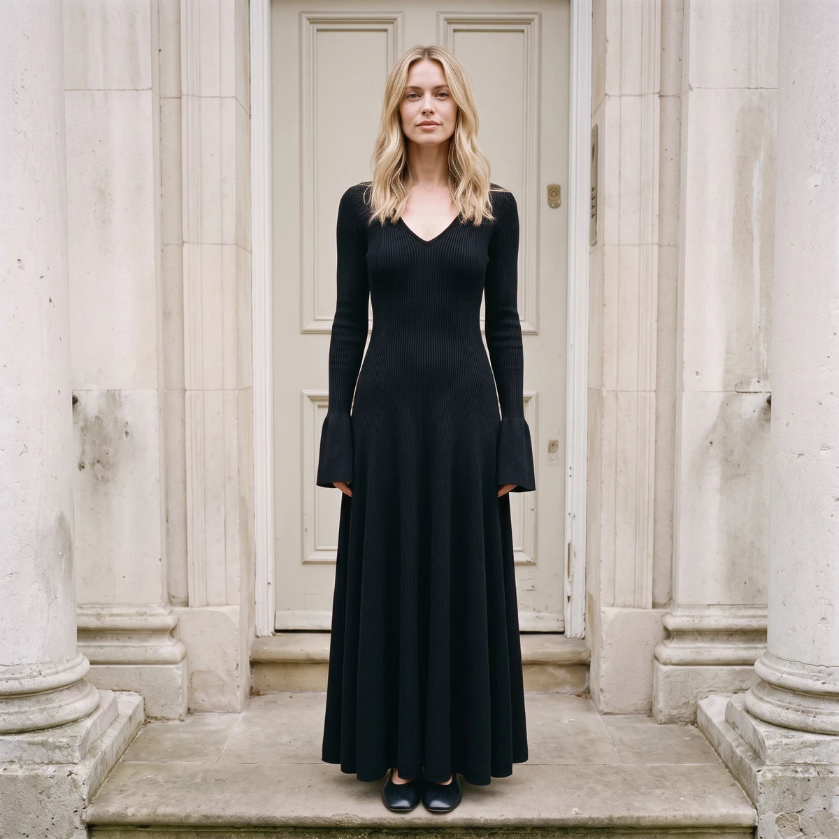 Women's V-Neck Bell-Sleeve Knit Maxi Dress in Black — product detail