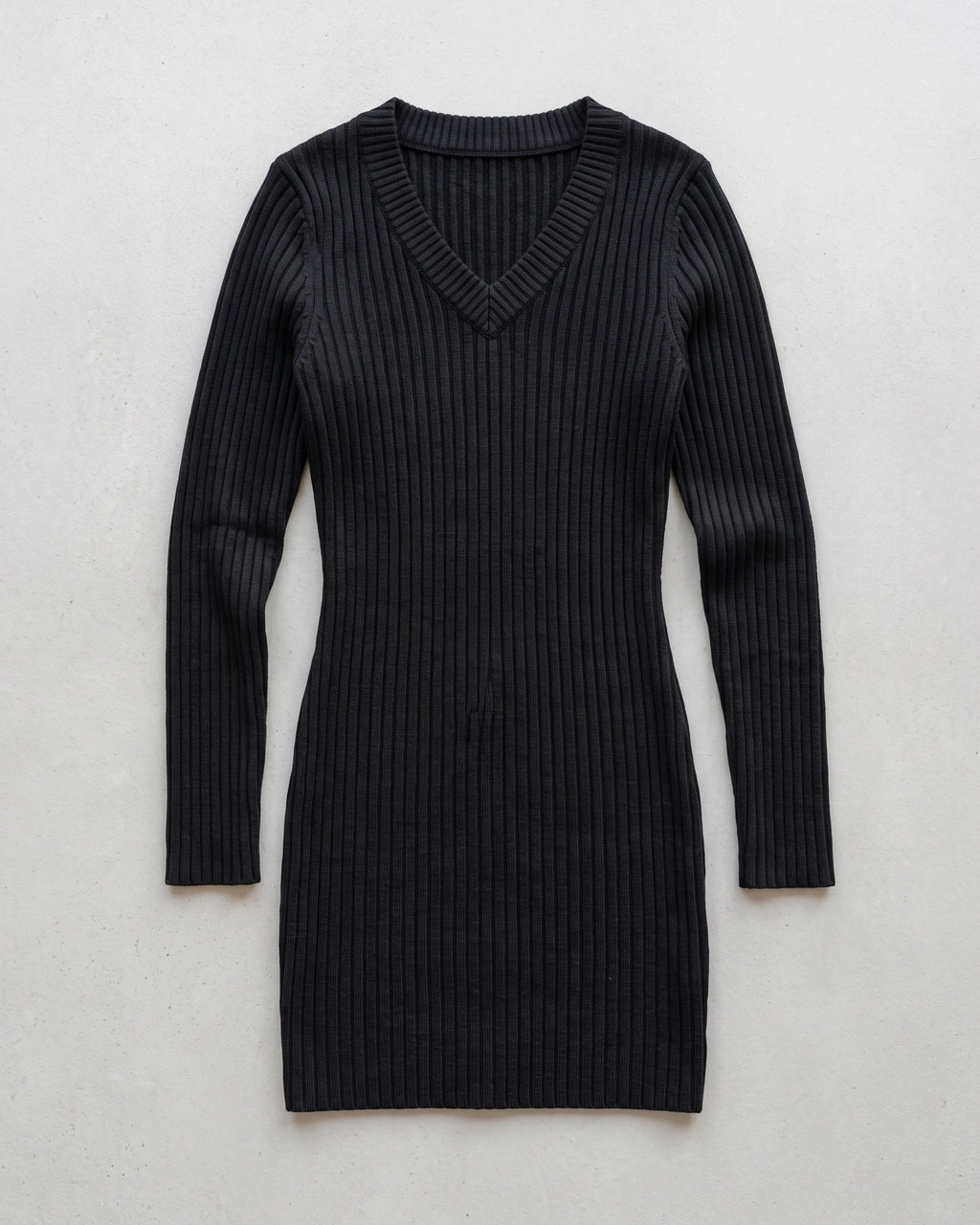 Women's V-Neck Ribbed Mini Sweater Dress in Black — product front