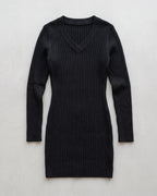 Women's V-Neck Ribbed Mini Sweater Dress in Black — product front
