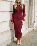 Wine red collared bell-sleeve knit midi dress