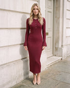 Wine red collared bell-sleeve knit midi dress