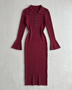 Wine red collared bell-sleeve knit midi dress