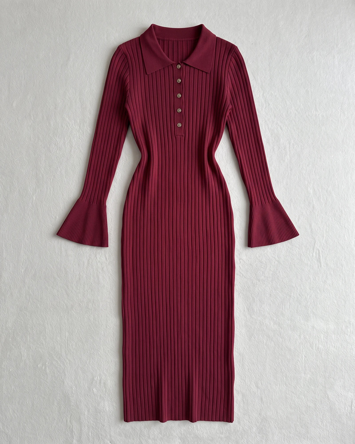Wine red collared bell-sleeve knit midi dress