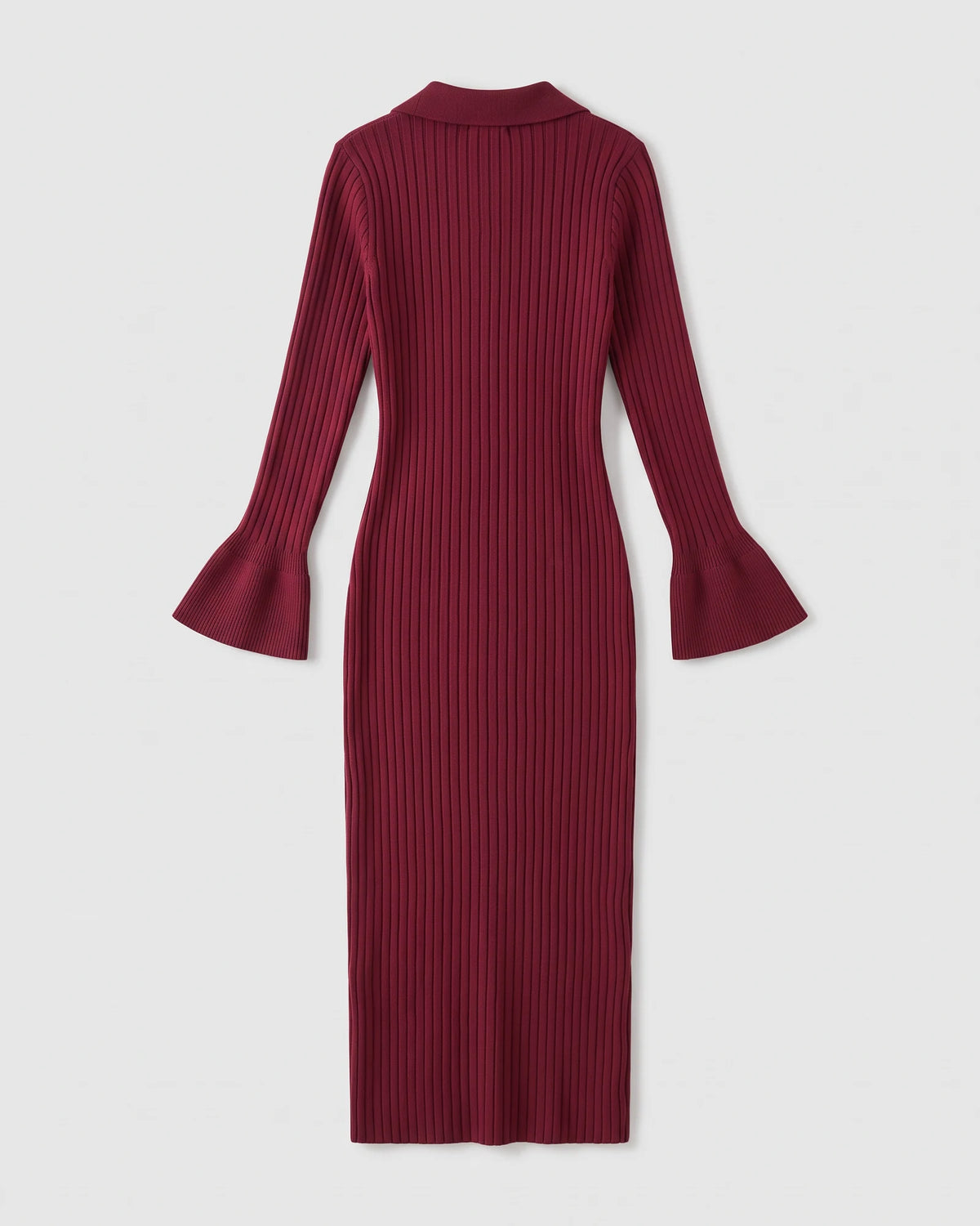 Wine red collared bell-sleeve knit midi dress