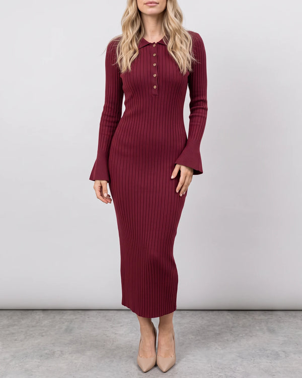 Wine red collared knit midi dress on light gray background