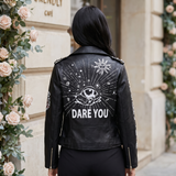 Women's Black Eye Print Studded Faux Leather Jacket – Black – alternate model view