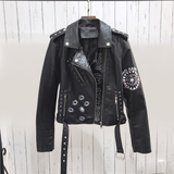 Women's Black Eye Print Studded Faux Leather Jacket – Black – front product view