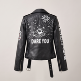Women's Black Eye Print Studded Faux Leather Jacket – Black – rear or detail product view