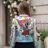 Women's Silver Graffiti Print Studded Biker Jacket – Silver – alternate model view