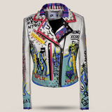 Women's Silver Graffiti Print Studded Biker Jacket – Silver – front product view