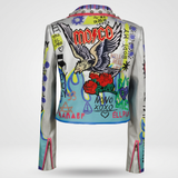 Women's Silver Graffiti Print Studded Biker Jacket – Silver – rear or detail product view