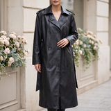 Women's Black Long Faux Leather Belted Trench Coat – Black – front on model