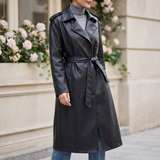 Women's Black Long Faux Leather Belted Trench Coat – Black – alternate model view