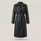 Women's Black Long Faux Leather Belted Trench Coat – Black – front product view
