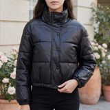 Women's Cropped Leather-Look Puffer Jacket – Black – front on model
