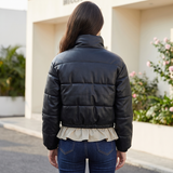 Women's Cropped Leather-Look Puffer Jacket – Black – alternate model view