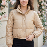 Women's Cropped Leather-Look Puffer Jacket – Khaki – front on model